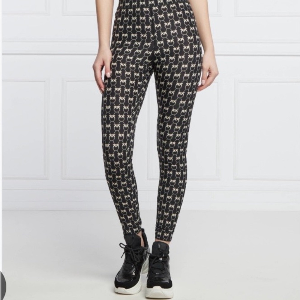 Pinko Geloso Black Leggings with Cream Logo Pattern Size XL. NWT